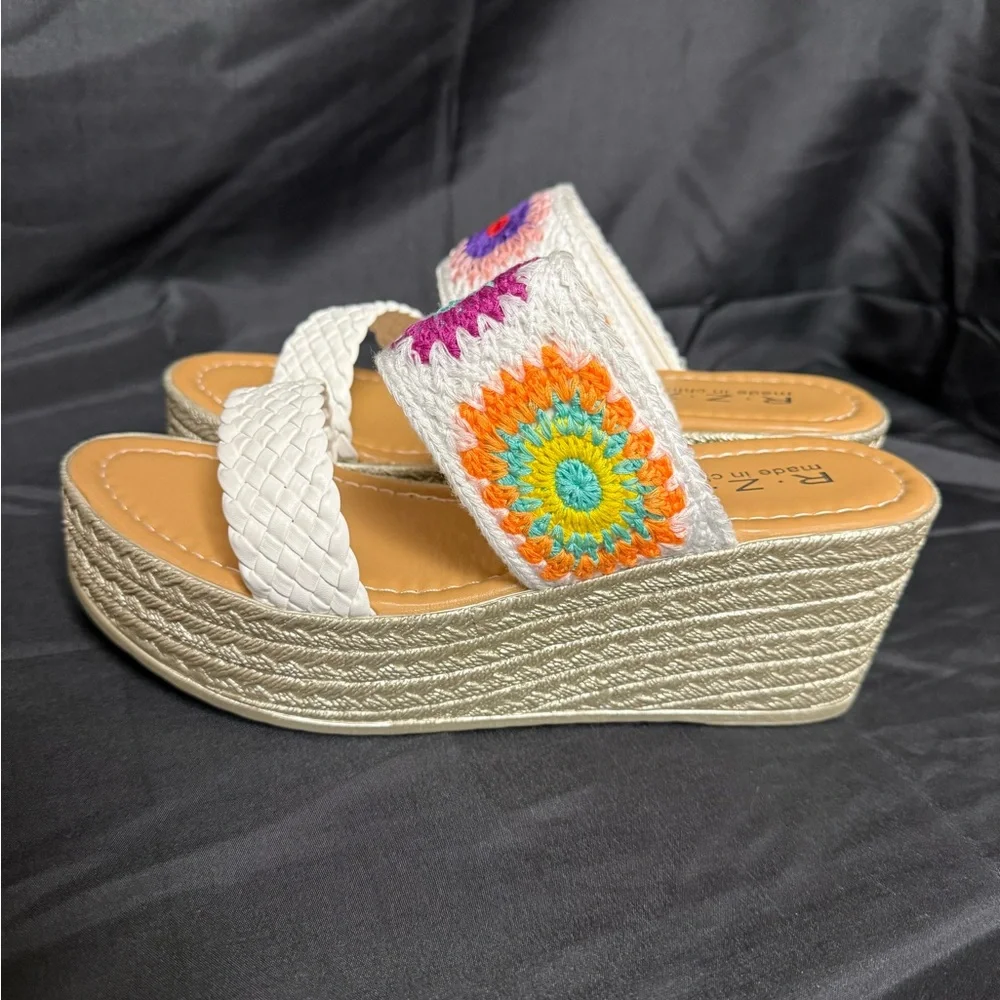 Never worn White Platform Wedge Sandals with Multicolor Crochet Accent - Picture 1 of 4